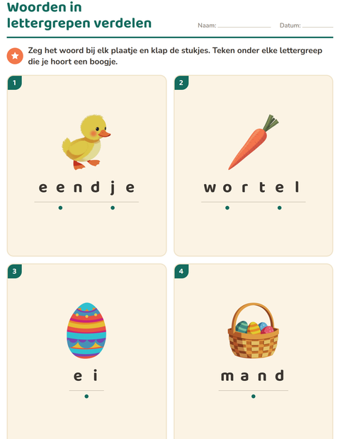 Voorbeeld van het Lettergrepen verdelen-werkblad met Pasen voor groep 3