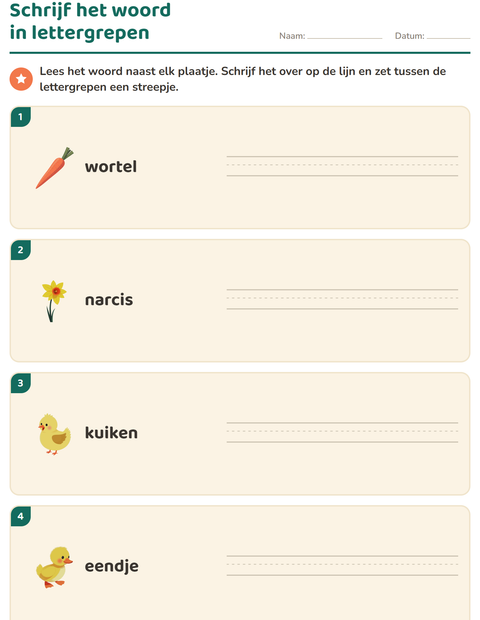 Voorbeeld van het Lettergrepen verdelen-werkblad met Pasen voor groep 3