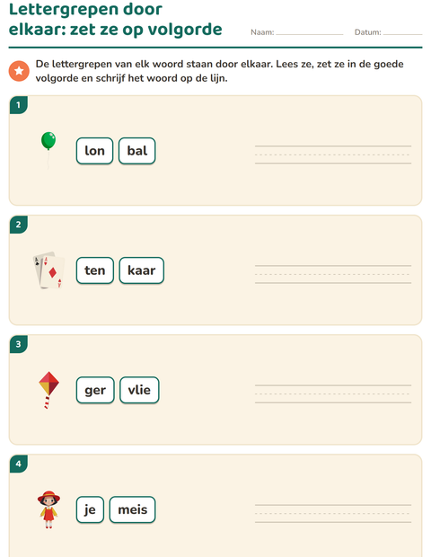 Voorbeeld van het Lettergrepen verdelen-werkblad met Speelgoed voor groep 3