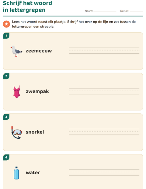 Voorbeeld van het Lettergrepen verdelen-werkblad met Strand voor groep 3