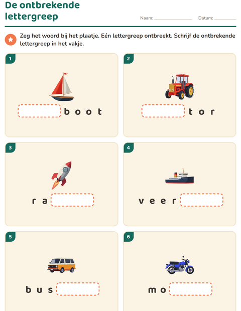 Voorbeeld van het Lettergrepen verdelen-werkblad met Voertuigen voor groep 3