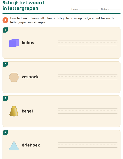 Voorbeeld van het Lettergrepen verdelen-werkblad met Vormen voor groep 3