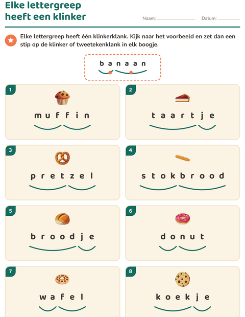 Voorbeeld van het Lettergrepen verdelen-werkblad met Bakkerij voor groep 3
