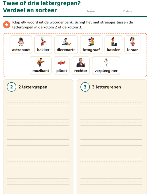 Voorbeeld van het Lettergrepen verdelen-werkblad met Beroepen voor groep 3