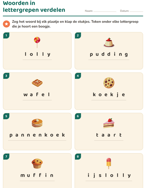 Voorbeeld van het Lettergrepen verdelen-werkblad met Desserts en snoep voor groep 3