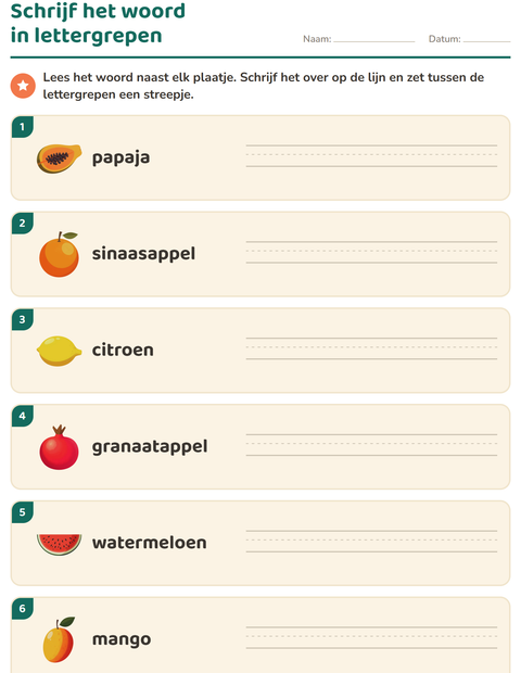 Voorbeeld van het Lettergrepen verdelen-werkblad met Fruit voor groep 3