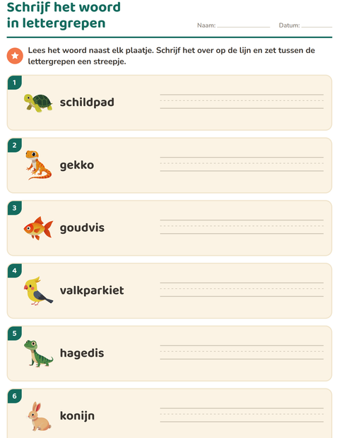 Voorbeeld van het Lettergrepen verdelen-werkblad met Huisdieren voor groep 3