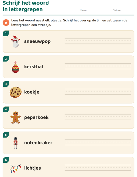 Voorbeeld van het Lettergrepen verdelen-werkblad met Kerstmis voor groep 3