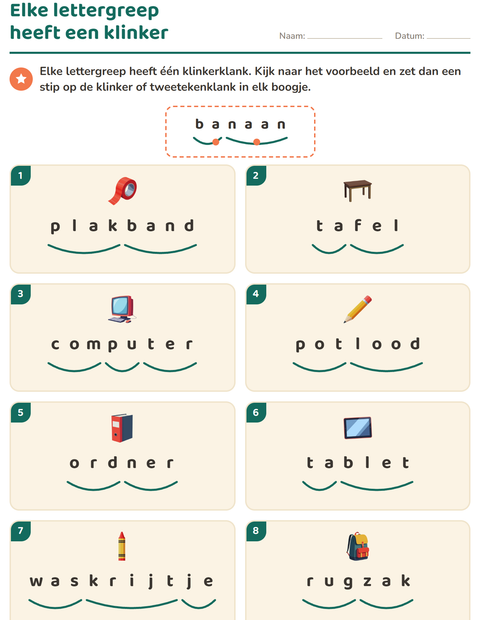 Voorbeeld van het Lettergrepen verdelen-werkblad met Klaslokaal voor groep 3