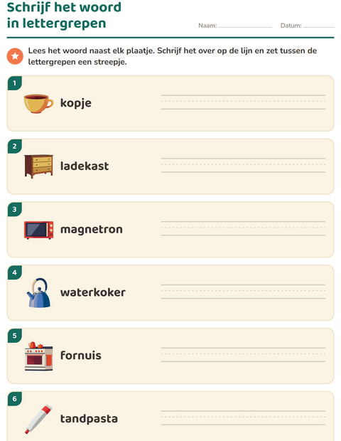 Voorbeeld van het Lettergrepen verdelen-werkblad met Rond het huis voor groep 3