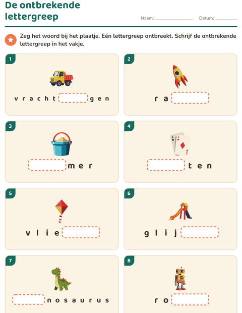 Voorbeeld van het Lettergrepen verdelen-werkblad met Speelgoed voor groep 3