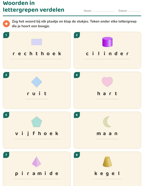 Voorbeeld van het Lettergrepen verdelen-werkblad met Vormen voor groep 3