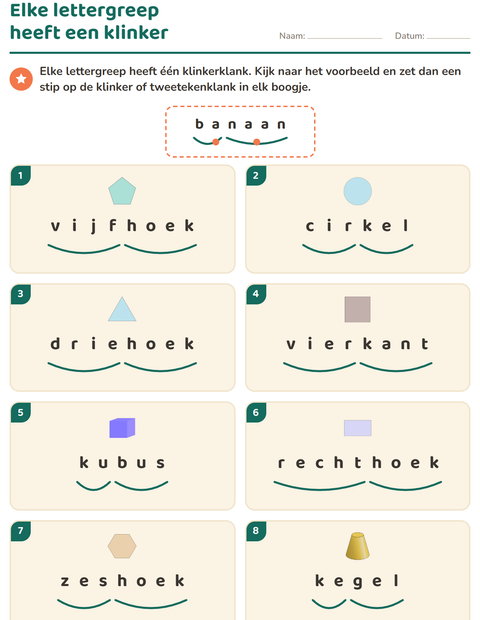 Voorbeeld van het Lettergrepen verdelen-werkblad met Vormen voor groep 3