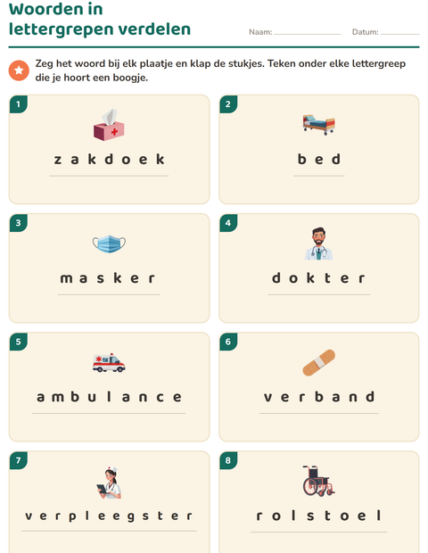Voorbeeld van het Lettergrepen verdelen-werkblad met Ziekenhuis voor groep 3