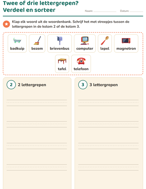 Voorbeeld van het Lettergrepen verdelen-werkblad met Rond het huis voor groep 3