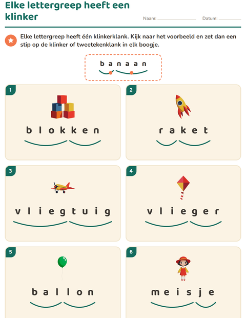Voorbeeld van Elke lettergreep heeft een klinker: zet een stip in elk boogje