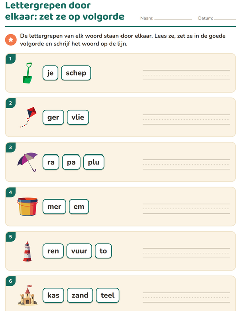Voorbeeld van het Lettergrepen verdelen-werkblad met Strand voor groep 3