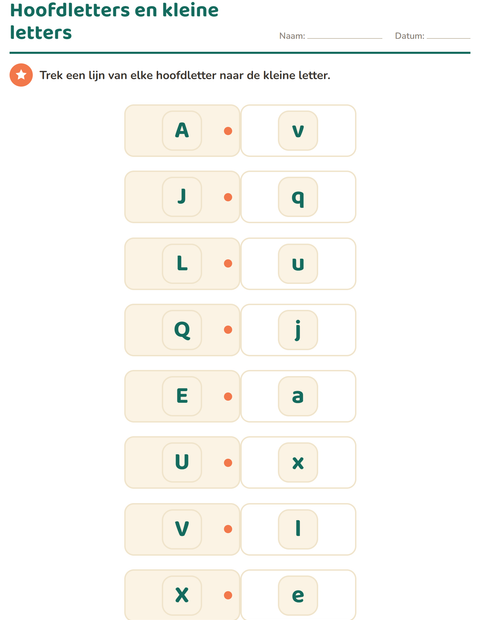 Voorbeeld van het Letterkennis-werkblad voor kleuterklas