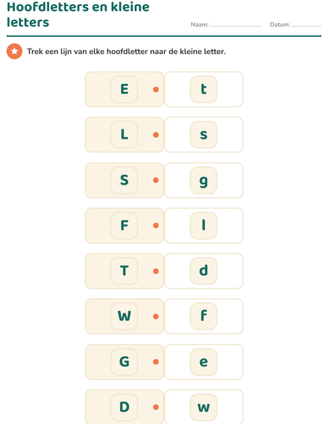 Voorbeeld van het Letterkennis-werkblad voor kleuterklas