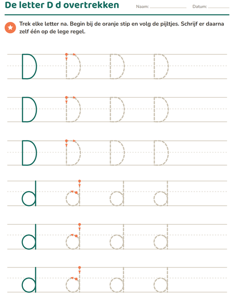 Voorbeeld van het Letters overtrekken-werkblad voor kleuterklas