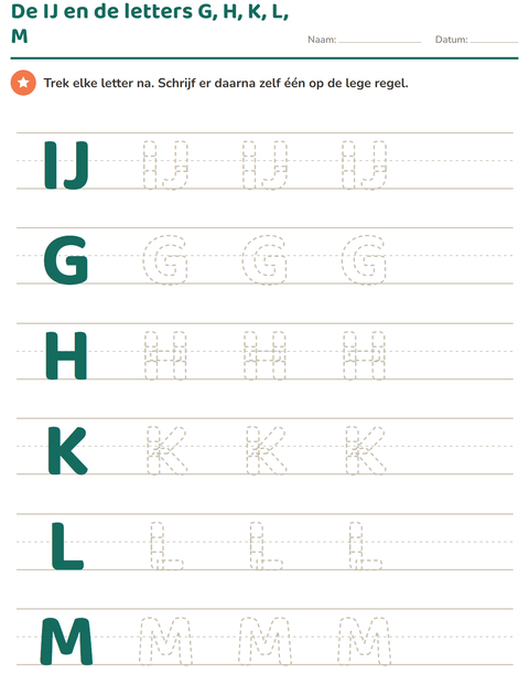De IJ leren schrijven, met G, H, K, L en M