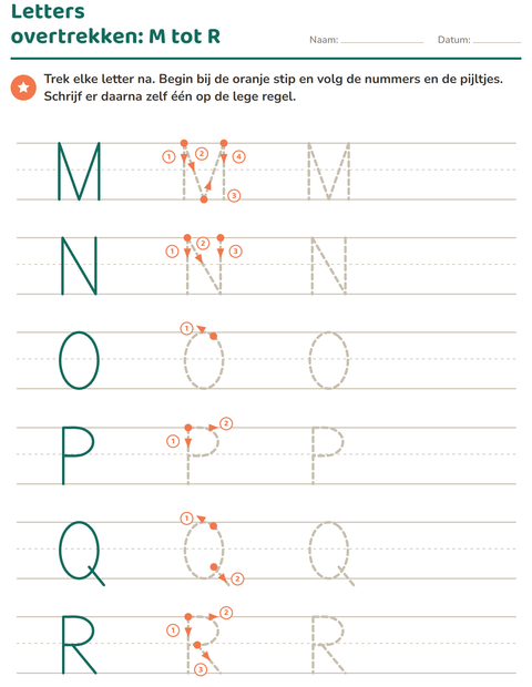 Voorbeeld van het Letters overtrekken-werkblad voor kleuterklas