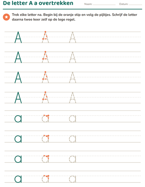 Voorbeeld van het Letters overtrekken-werkblad voor kleuterklas