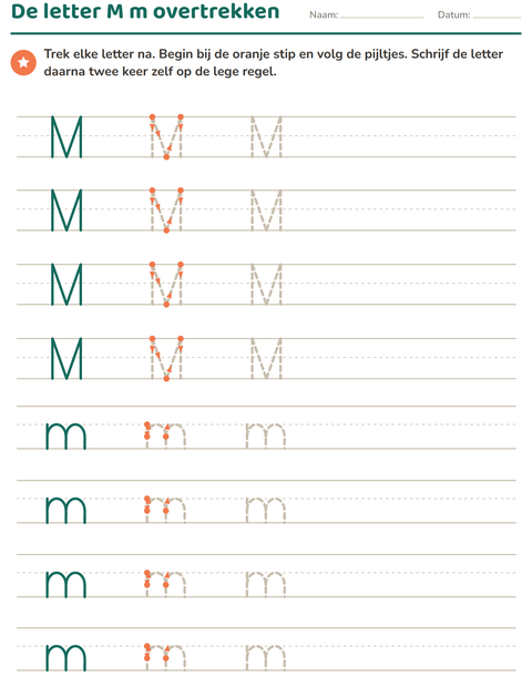 Voorbeeld van het Letters overtrekken-werkblad voor kleuterklas