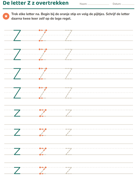 Voorbeeld van het Letters overtrekken-werkblad voor kleuterklas