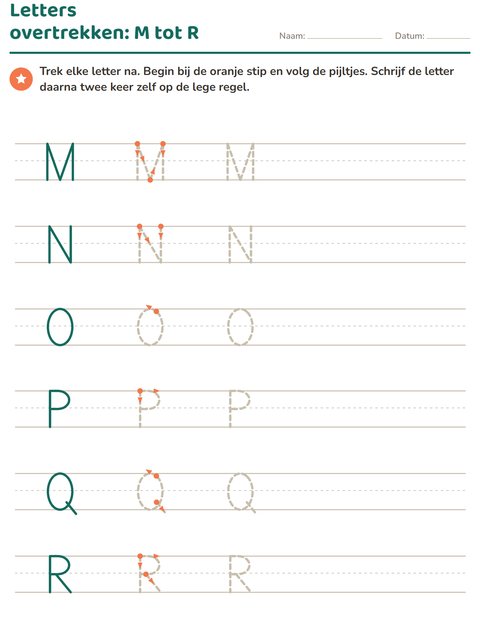 Voorbeeld van het Letters overtrekken-werkblad voor kleuterklas