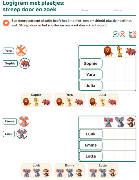 Voorbeeld van het Logigrammen-werkblad met Dierentuindieren voor groep 3
