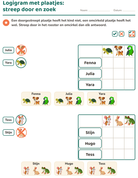 Voorbeeld van het Logigrammen-werkblad met Huisdieren voor groep 3