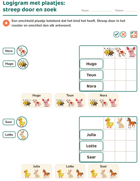 Voorbeeld van het Logigrammen-werkblad met Boerderijdieren voor groep 3