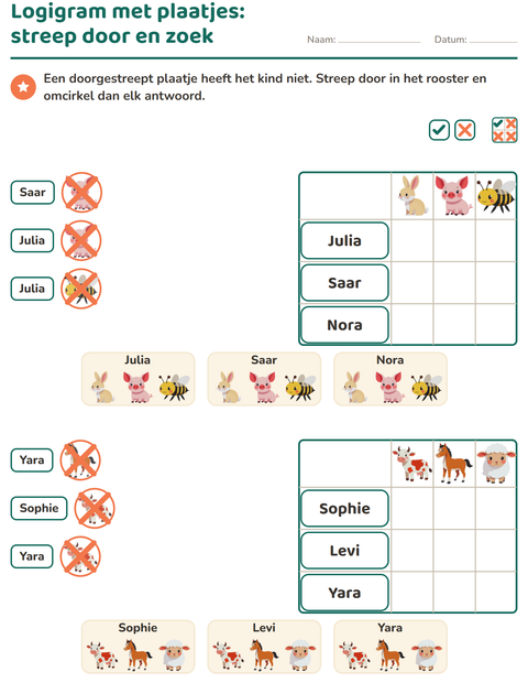 Voorbeeld van het Logigrammen-werkblad met Boerderijdieren voor groep 3