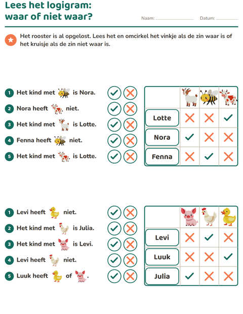 Voorbeeld van het Logigrammen-werkblad met Boerderijdieren voor groep 4