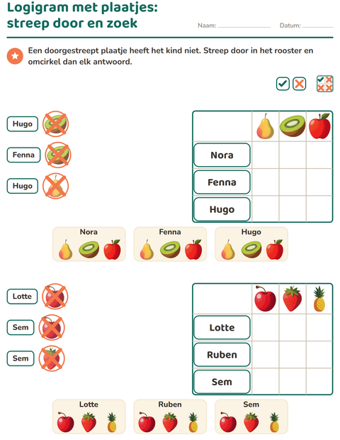 Voorbeeld van het Logigrammen-werkblad met Fruit voor groep 3