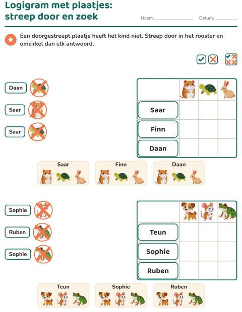 Voorbeeld van het Logigrammen-werkblad met Huisdieren voor groep 3