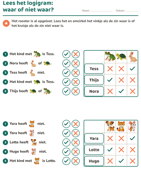 Voorbeeld van het Logigrammen-werkblad met Huisdieren voor groep 4