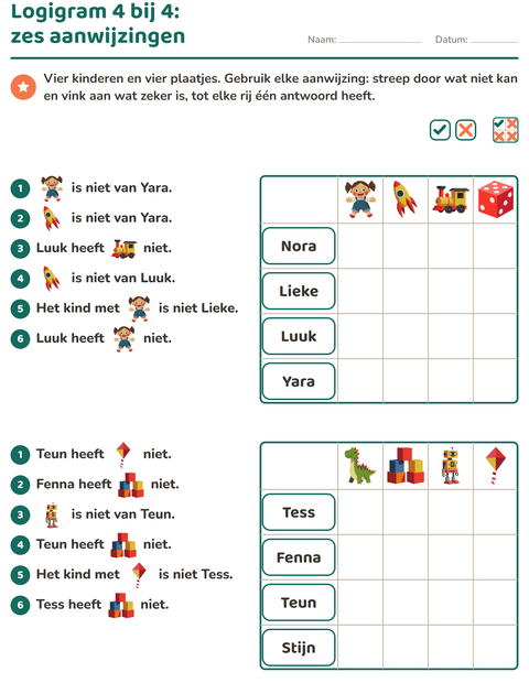 Voorbeeld van het Logigrammen-werkblad met Speelgoed voor groep 5