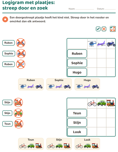 Voorbeeld van het Logigrammen-werkblad met Voertuigen voor groep 3
