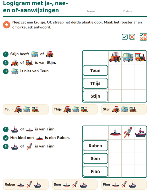 Voorbeeld van het Logigrammen-werkblad met Voertuigen voor groep 4