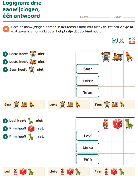 Voorbeeld van het Logigrammen-werkblad met Speelgoed voor groep 4