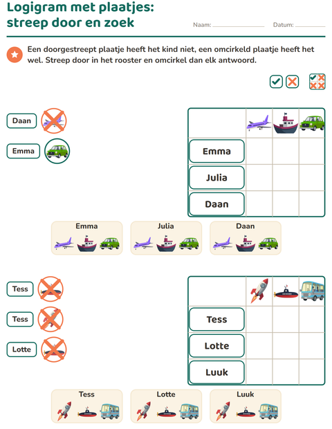Voorbeeld van het Logigrammen-werkblad met Voertuigen voor groep 3