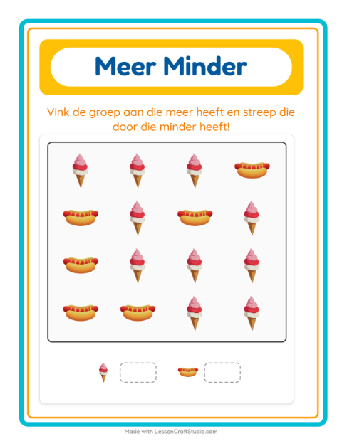 Voorbeeld van het Meer Of Minder-werkblad met 4 juli voor peuterklas