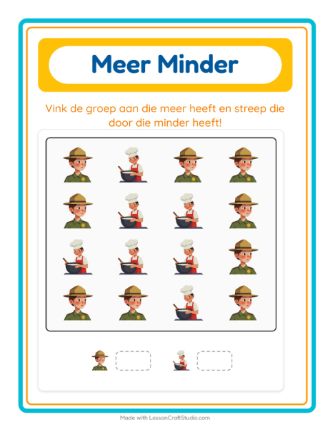Voorbeeld van het Meer Of Minder-werkblad met Beroepen voor peuterklas