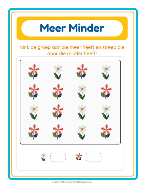 Voorbeeld van het Meer Of Minder-werkblad met Bloemen voor peuterklas