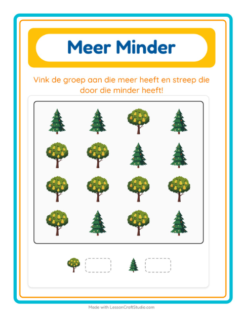 Voorbeeld van het Meer Of Minder-werkblad met Bomen voor peuterklas