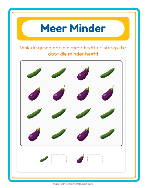 Voorbeeld van het Meer Of Minder-werkblad met Groenten voor peuterklas