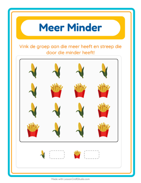 Voorbeeld van het Meer Of Minder-werkblad met In de supermarkt voor peuterklas