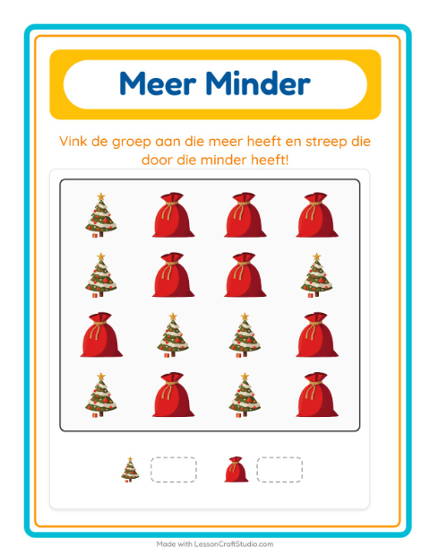 Voorbeeld van het Meer Of Minder-werkblad met Kerstmis voor peuterklas